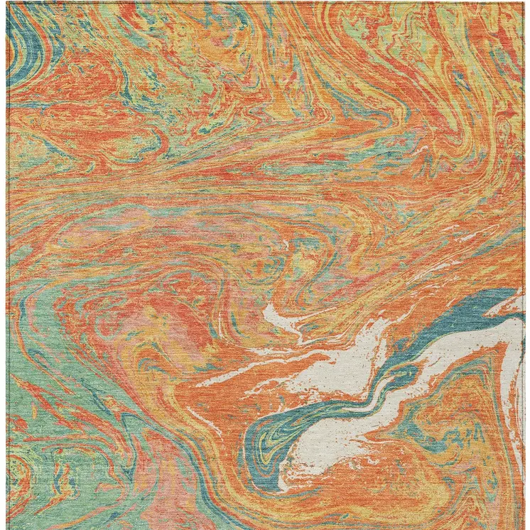 9' X 12' Orange Green And Beige Abstract Washable Indoor Outdoor Area Rug