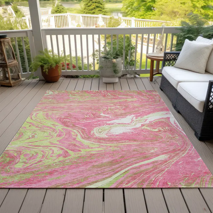 5' X 8' Pink Green And Ivory Abstract Washable Indoor Outdoor Area Rug