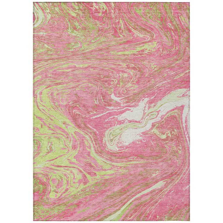 5' X 8' Pink Green And Ivory Abstract Washable Indoor Outdoor Area Rug