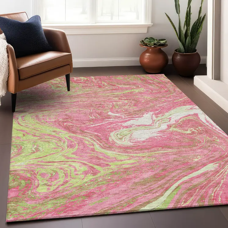 5' X 8' Pink Green And Ivory Abstract Washable Indoor Outdoor Area Rug