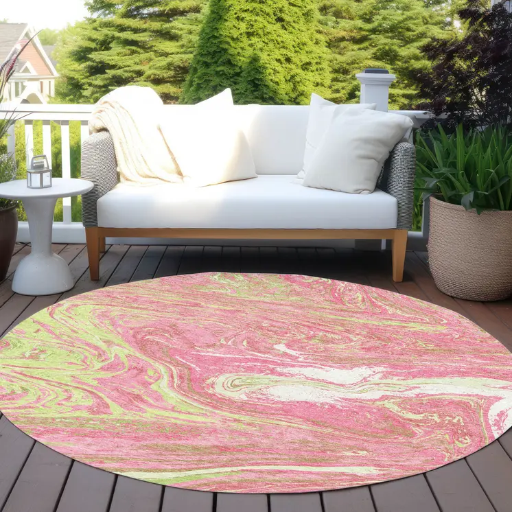 8' Pink Green And Ivory Round Abstract Washable Indoor Outdoor Area Rug