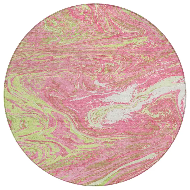 8' Pink Green And Ivory Round Abstract Washable Indoor Outdoor Area Rug