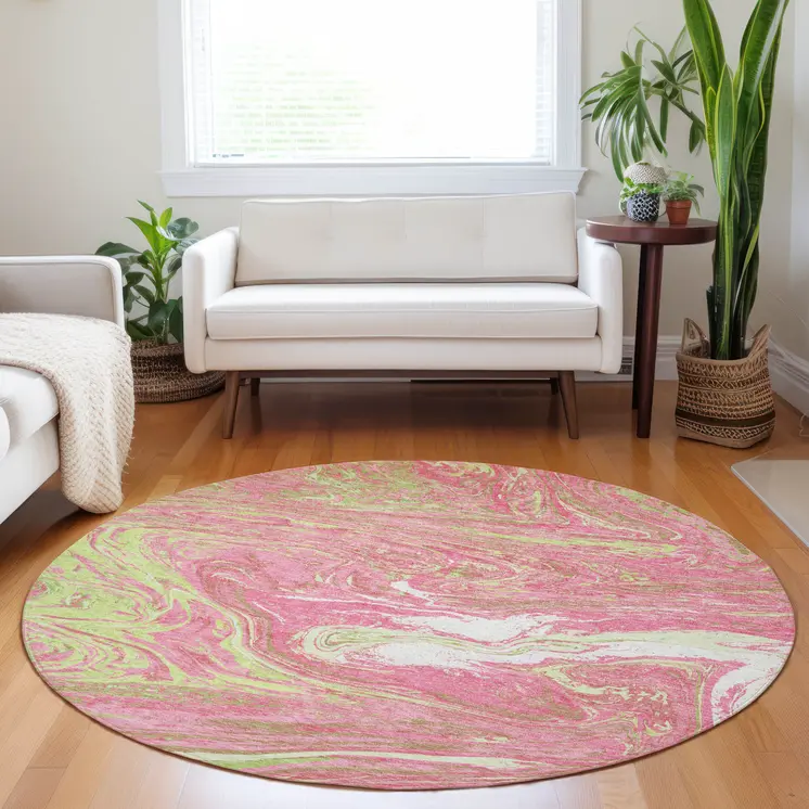 8' Pink Green And Ivory Round Abstract Washable Indoor Outdoor Area Rug