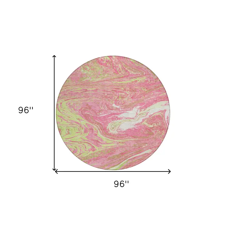 8' Pink Green And Ivory Round Abstract Washable Indoor Outdoor Area Rug