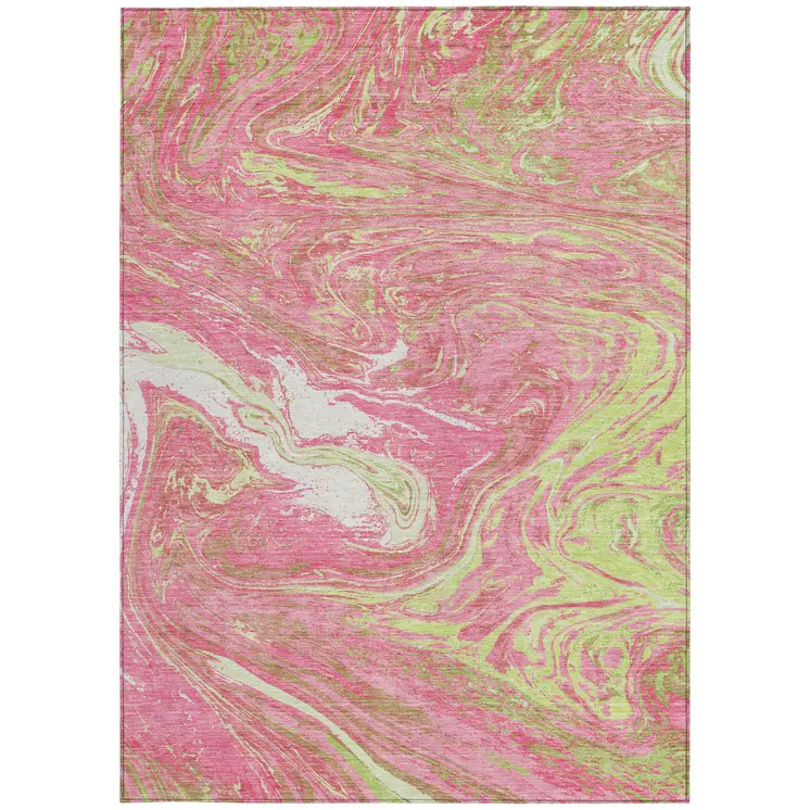 10' X 14' Pink Green And Ivory Abstract Washable Indoor Outdoor Area Rug