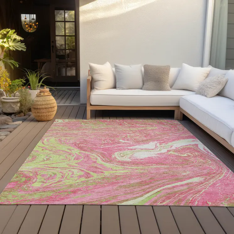 10' X 14' Pink Green And Ivory Abstract Washable Indoor Outdoor Area Rug