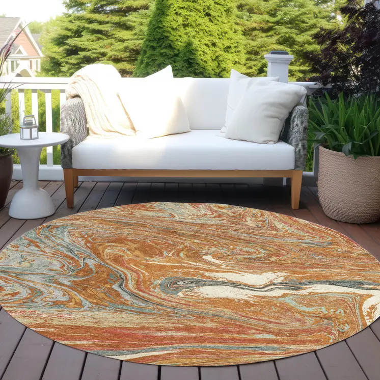 8' Brown Beige And Gray Round Abstract Washable Indoor Outdoor Area Rug