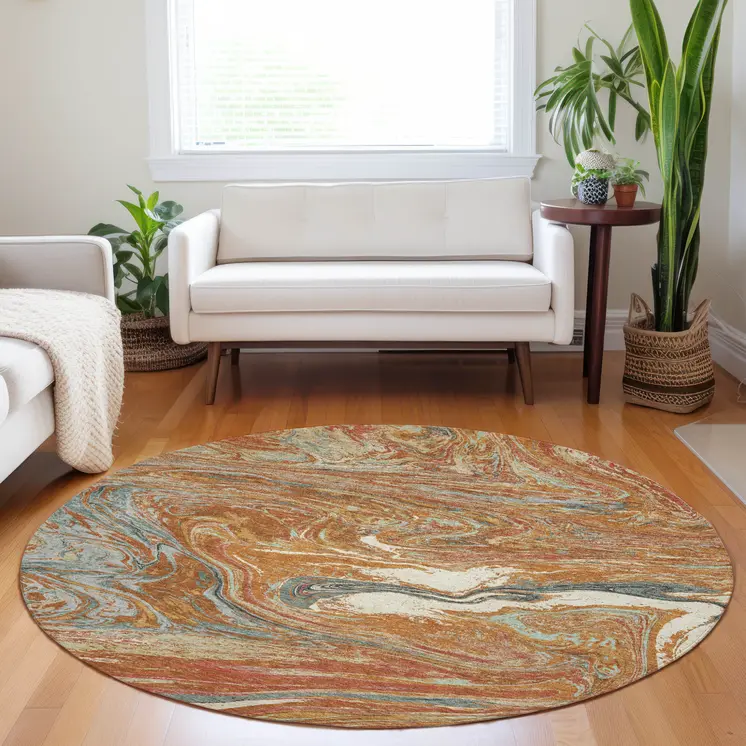 8' Brown Beige And Gray Round Abstract Washable Indoor Outdoor Area Rug