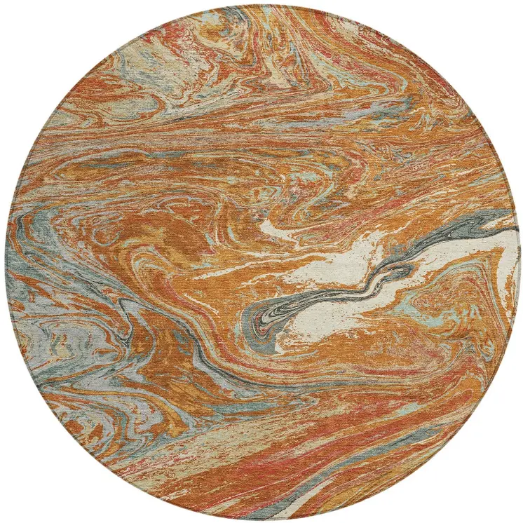 8' Brown Beige And Gray Round Abstract Washable Indoor Outdoor Area Rug