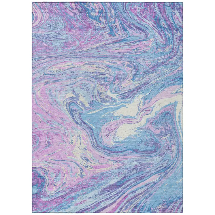 3' X 5' Sky Blue Lavender And Ivory Abstract Washable Indoor Outdoor Area Rug