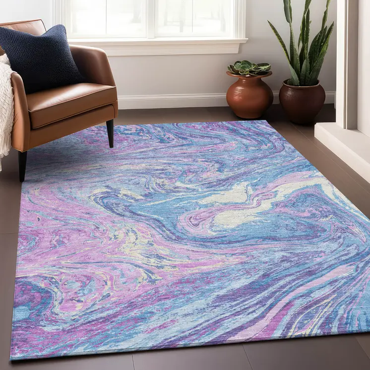3' X 5' Sky Blue Lavender And Ivory Abstract Washable Indoor Outdoor Area Rug
