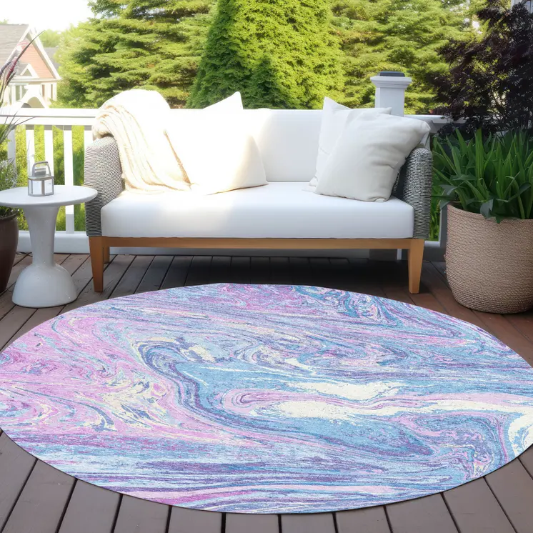 8' Sky Blue Lavender And Ivory Round Abstract Washable Indoor Outdoor Area Rug