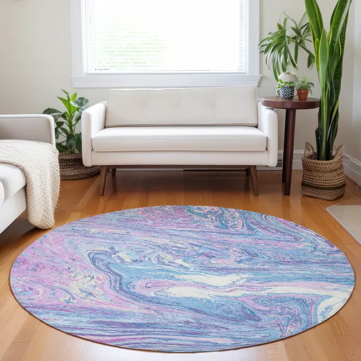 8' Sky Blue Lavender And Ivory Round Abstract Washable Indoor Outdoor Area Rug