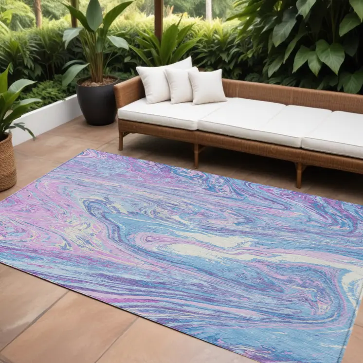 10' X 14' Sky Blue Lavender And Ivory Abstract Washable Indoor Outdoor Area Rug