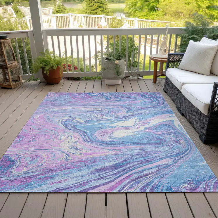 10' X 14' Sky Blue Lavender And Ivory Abstract Washable Indoor Outdoor Area Rug