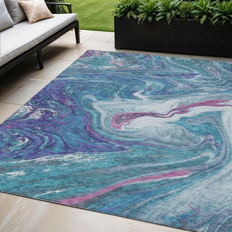 5' X 8' Teal Blue Purple And Pink Abstract Washable Indoor Outdoor Area Rug