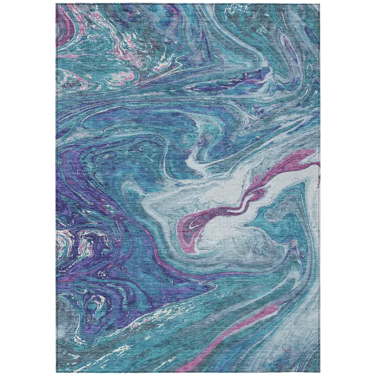 8' X 10' Teal Blue Purple And Pink Abstract Washable Indoor Outdoor Area Rug