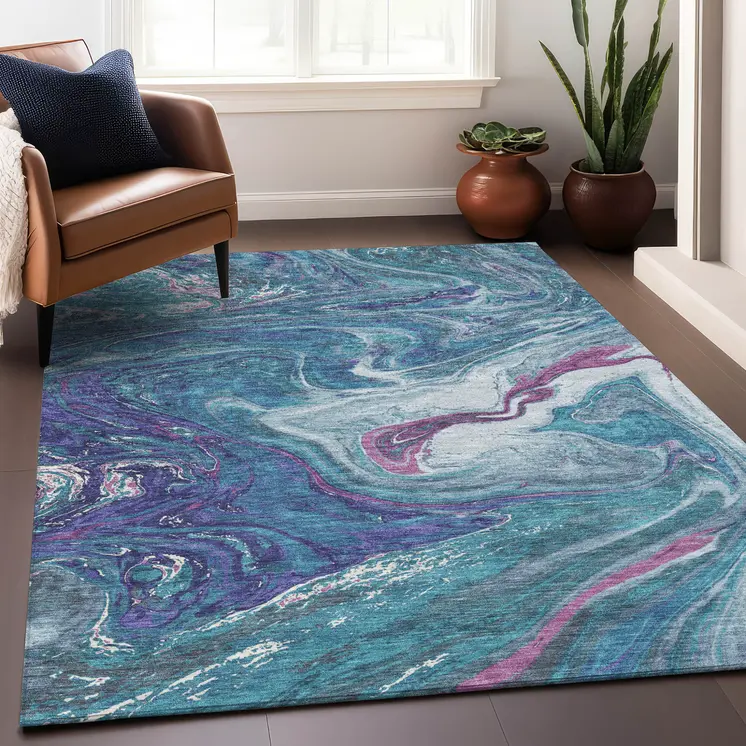 8' X 10' Teal Blue Purple And Pink Abstract Washable Indoor Outdoor Area Rug