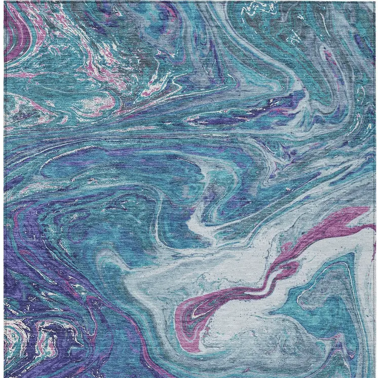 9' X 12' Teal Blue Purple And Pink Abstract Washable Indoor Outdoor Area Rug