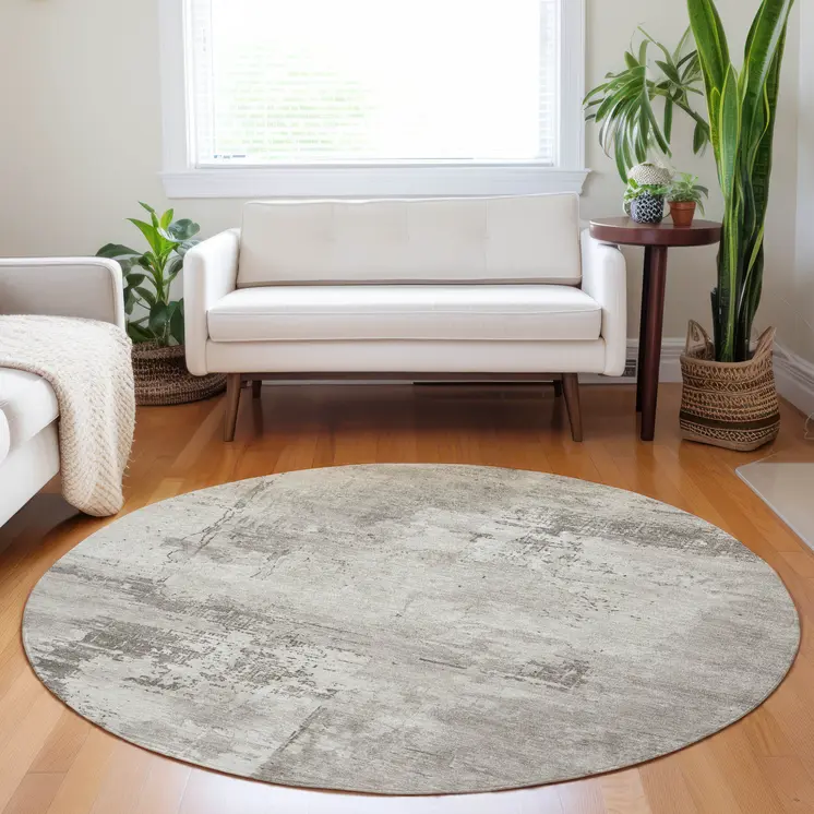 8' Beige And Gray Round Abstract Washable Indoor Outdoor Area Rug