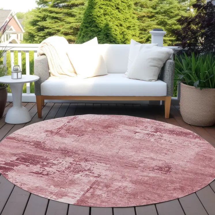 8' Blush And Ivory Round Abstract Washable Indoor Outdoor Area Rug
