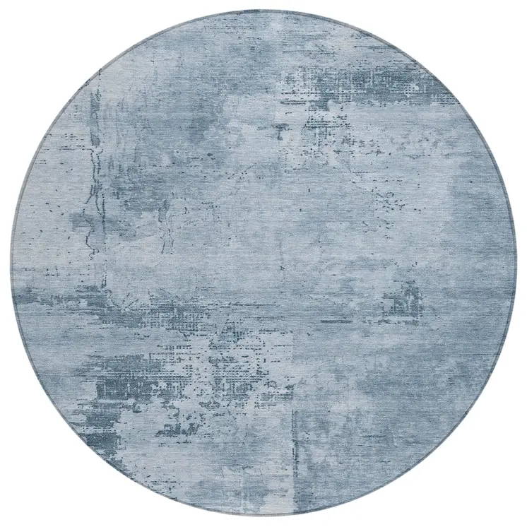 8' Denim Blue And Silver Round Abstract Washable Indoor Outdoor Area Rug