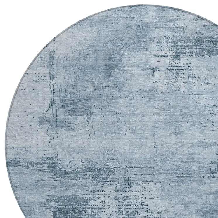 8' Denim Blue And Silver Round Abstract Washable Indoor Outdoor Area Rug