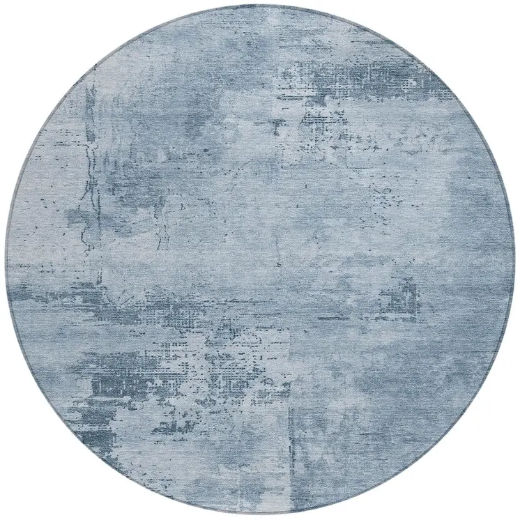 8' Denim Blue And Silver Round Abstract Washable Indoor Outdoor Area Rug
