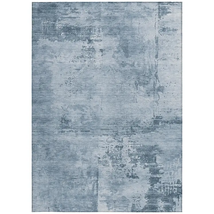 9' X 12' Denim Blue And Silver Abstract Washable Indoor Outdoor Area Rug