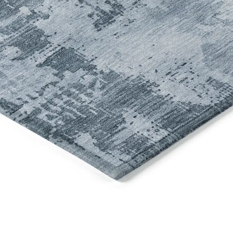 10' X 14' Denim Blue And Silver Abstract Washable Indoor Outdoor Area Rug