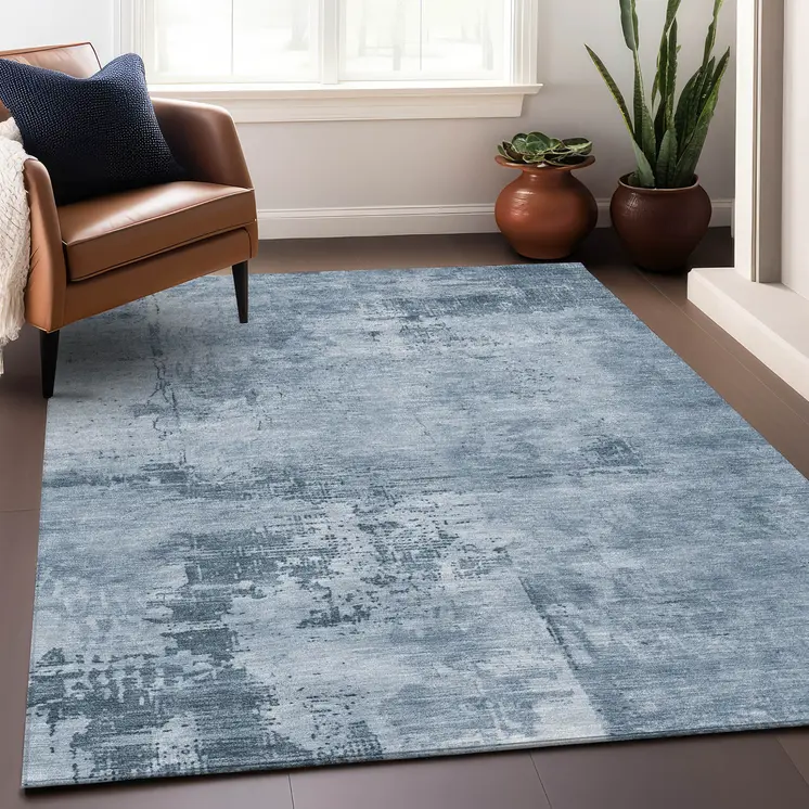 10' X 14' Denim Blue And Silver Abstract Washable Indoor Outdoor Area Rug