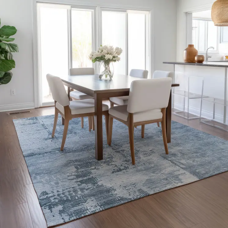 10' X 14' Denim Blue And Silver Abstract Washable Indoor Outdoor Area Rug