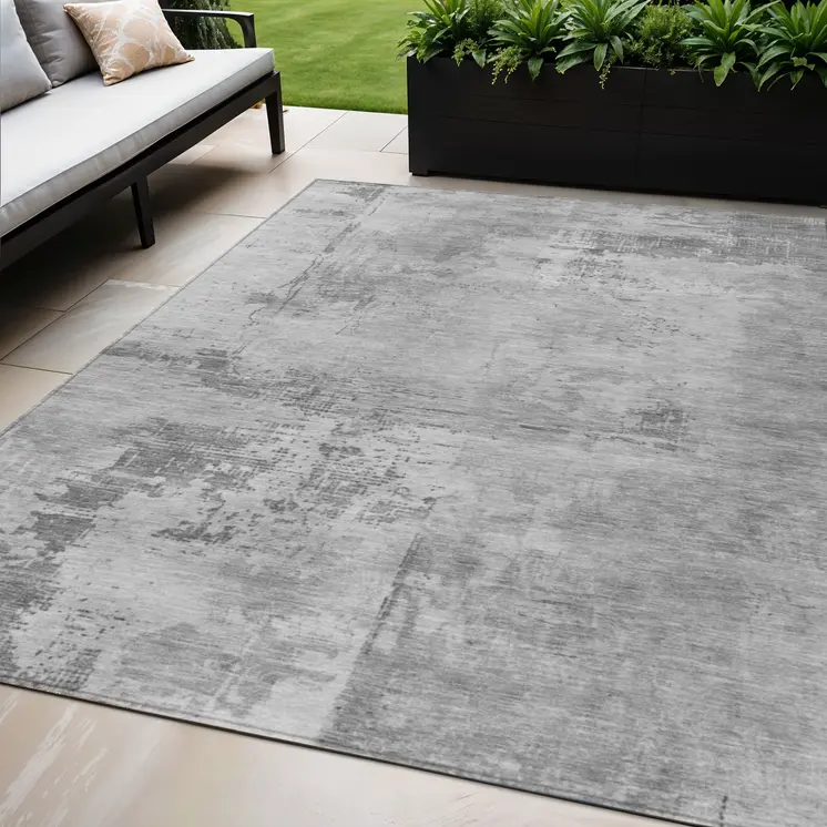 5' X 8' Gray And Silver Abstract Washable Indoor Outdoor Area Rug