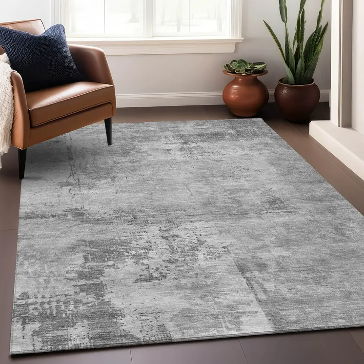 8' X 10' Gray And Silver Abstract Washable Indoor Outdoor Area Rug