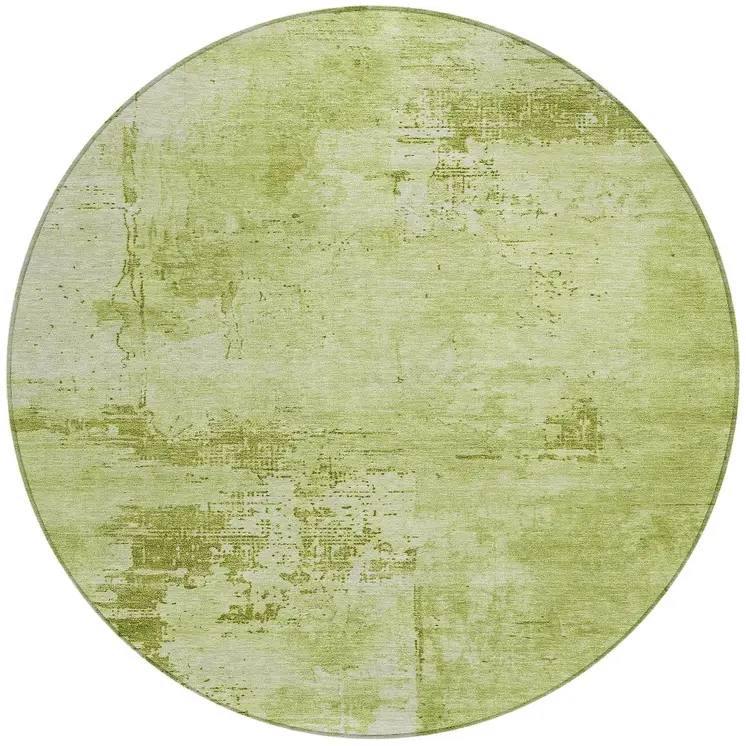 8' Lime Green And Ivory Round Abstract Washable Indoor Outdoor Area Rug