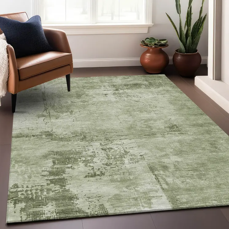5' X 8' Olive Green And Ivory Abstract Washable Indoor Outdoor Area Rug