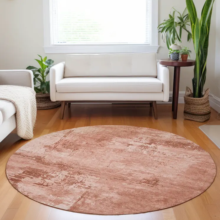 8' Crimson And Ivory Round Abstract Washable Indoor Outdoor Area Rug