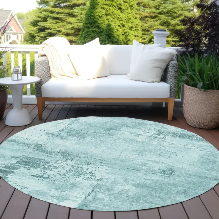 8' Blue And Ivory Round Abstract Washable Indoor Outdoor Area Rug