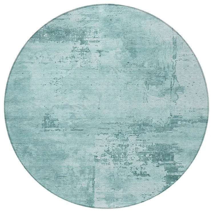 8' Blue And Ivory Round Abstract Washable Indoor Outdoor Area Rug