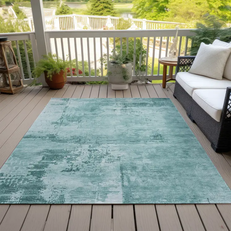 10' X 14' Teal Blue And Ivory Abstract Washable Indoor Outdoor Area Rug