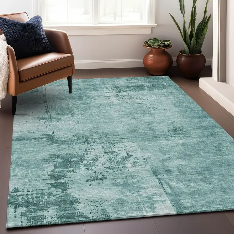 10' X 14' Teal Blue And Ivory Abstract Washable Indoor Outdoor Area Rug