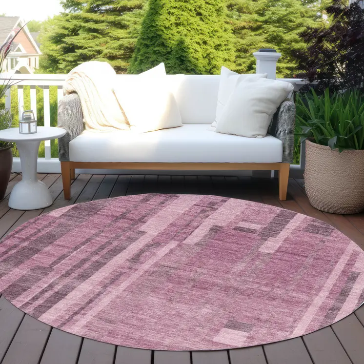 8' Blush And Brown Round Striped Washable Indoor Outdoor Area Rug