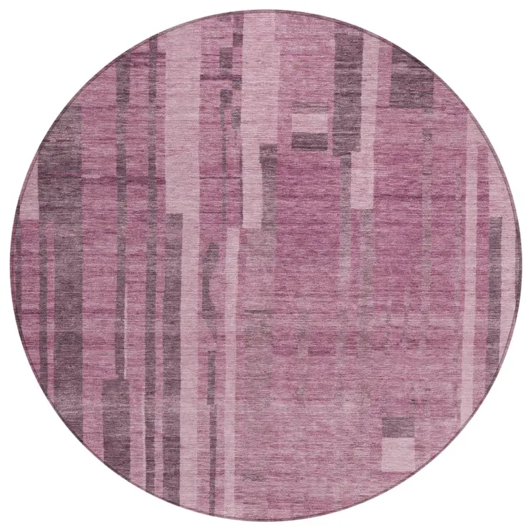 8' Blush And Brown Round Striped Washable Indoor Outdoor Area Rug