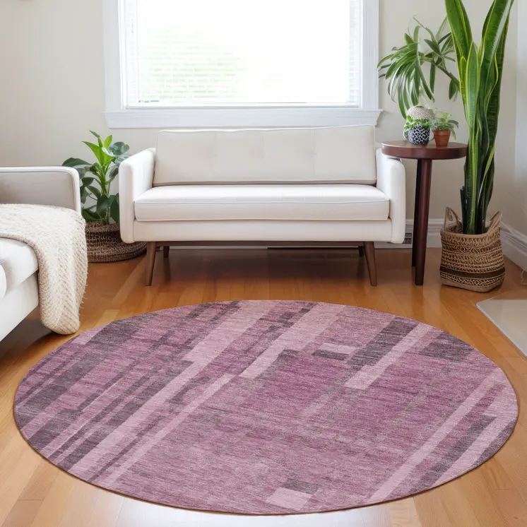 8' Blush And Brown Round Striped Washable Indoor Outdoor Area Rug