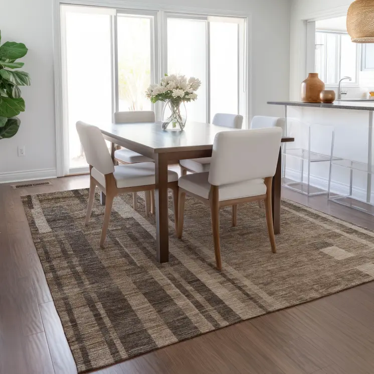 3' X 5' Brown And Beige Striped Washable Indoor Outdoor Area Rug
