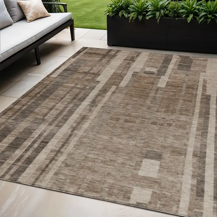 5' X 8' Brown And Beige Striped Washable Indoor Outdoor Area Rug