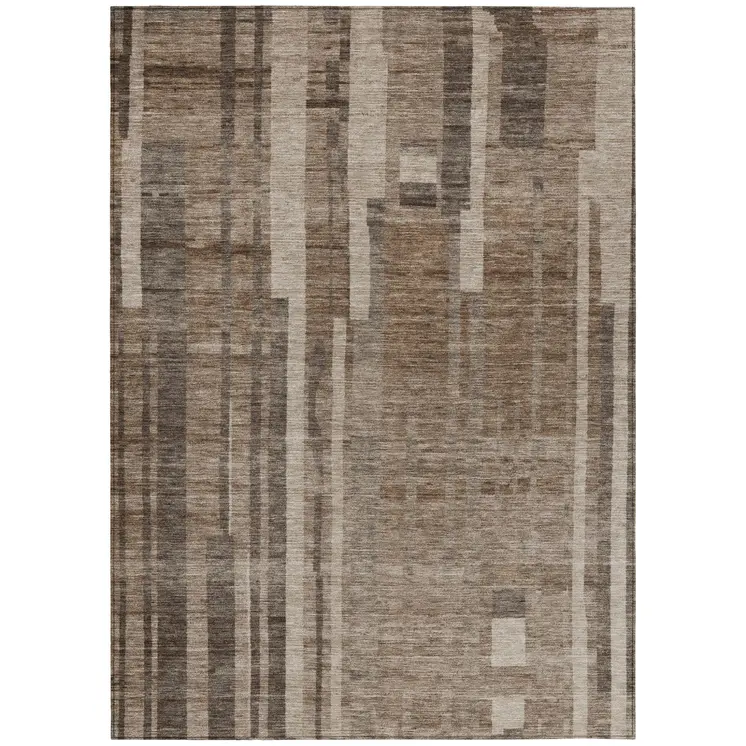 10' X 14' Brown And Beige Striped Washable Indoor Outdoor Area Rug