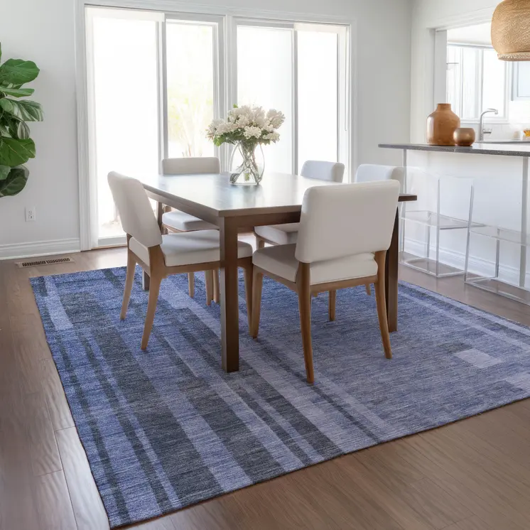 3' X 5' Denim Blue And Charcoal Striped Washable Indoor Outdoor Area Rug