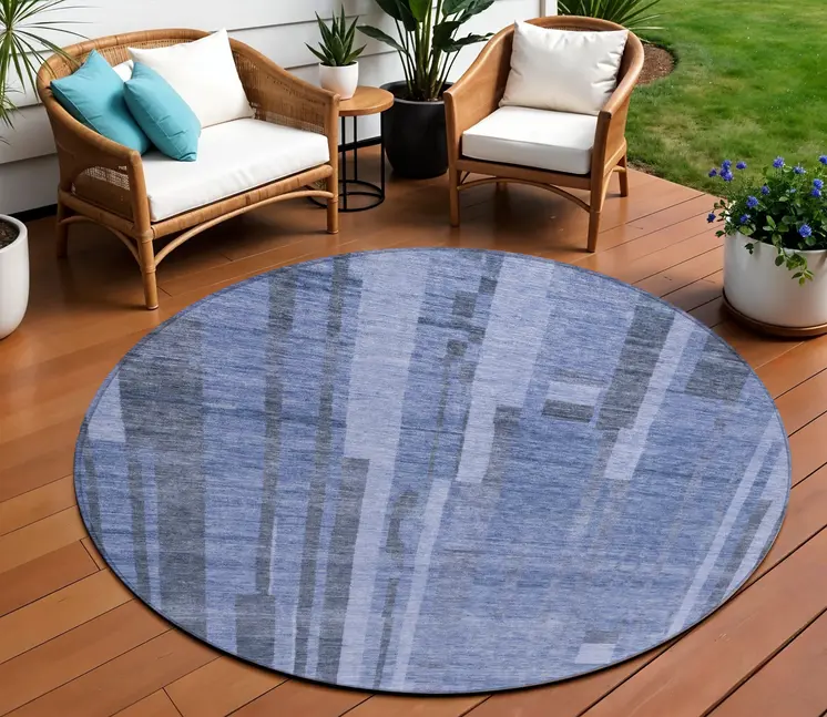 8' Denim Blue And Charcoal Round Striped Washable Indoor Outdoor Area Rug