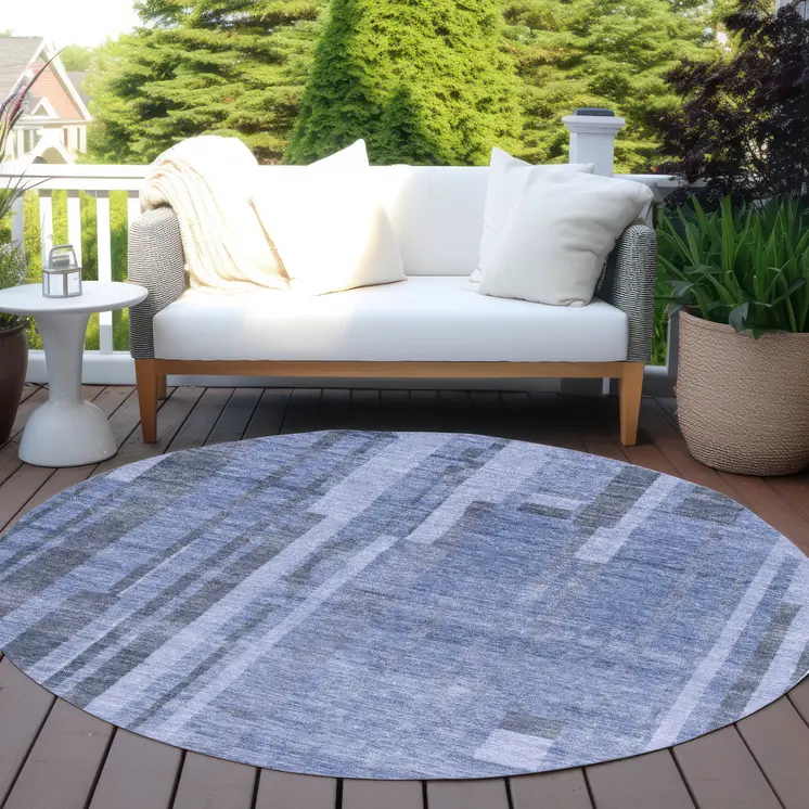 8' Denim Blue And Charcoal Round Striped Washable Indoor Outdoor Area Rug
